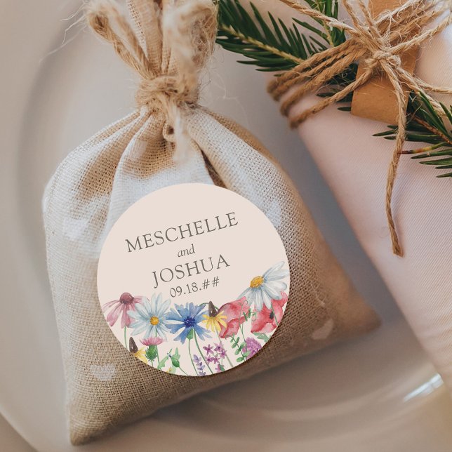 Wildflower Wedding Bride Groom Country Flower Classic Round Sticker (Wedding Stickers with bride and groom name - great for favors and ..)