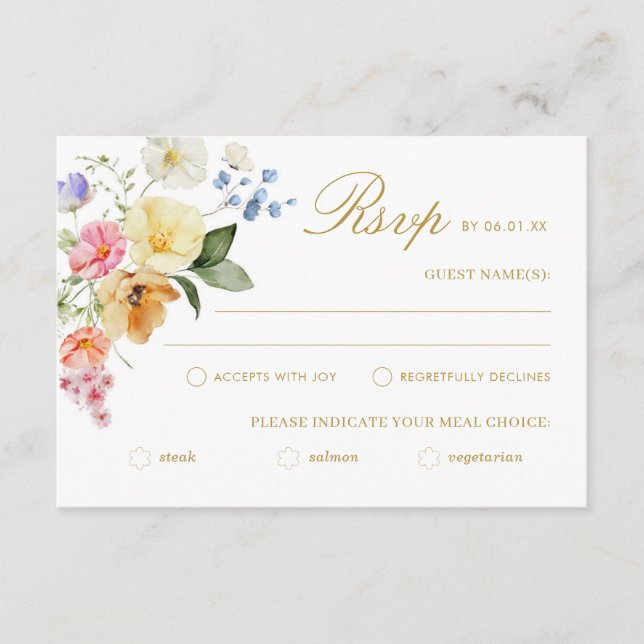 Wildflower Wedding Colorful Floral Wedding RSVP Card (Front)