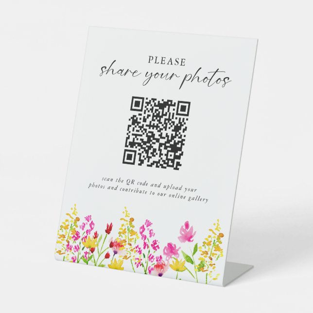 Wildflower Wedding Floral Elegant Photo QR Code Pedestal Sign (Front)