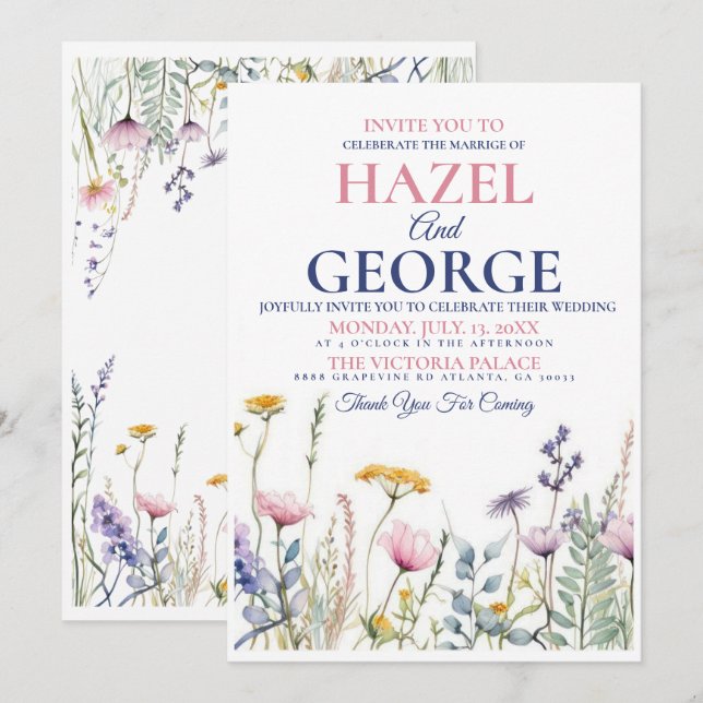 Wildflower Wedding Invitation, Watercolour Florals Invitation (Front/Back)