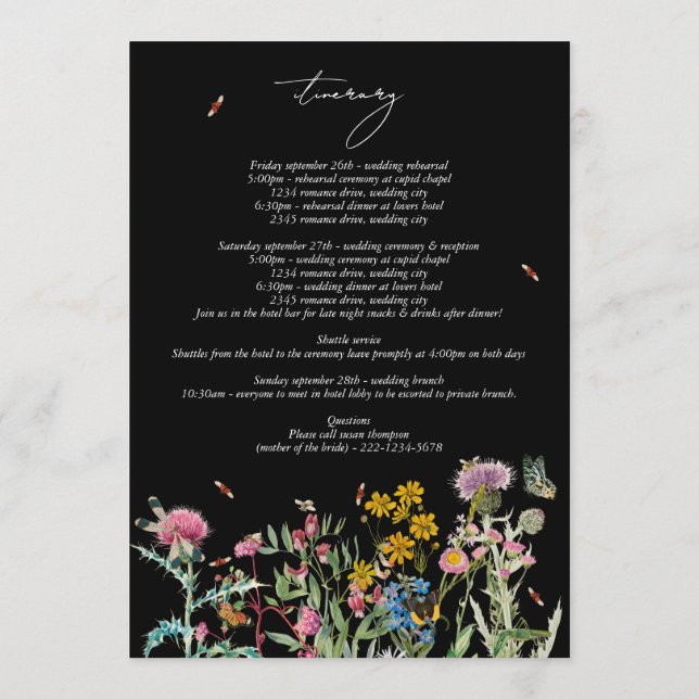 Wildflower Wedding  Itinerary Program Black Boho Programme (Back)