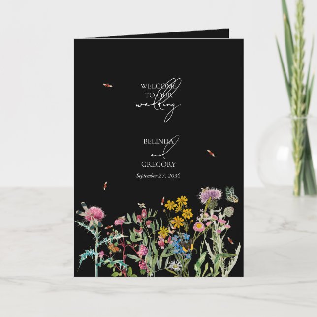 Wildflower Wedding Order of Service Black Boho Programme (Front)