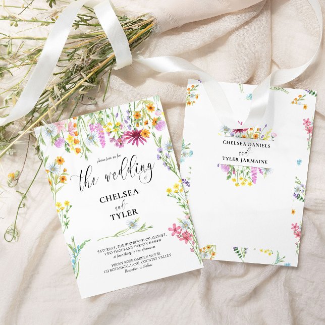 Wildflower Wedding Pretty Floral Name Frame Invitation (Wildflower Wedding Invitation with full names on the back | Wildflower Meadow Wedding Collection)