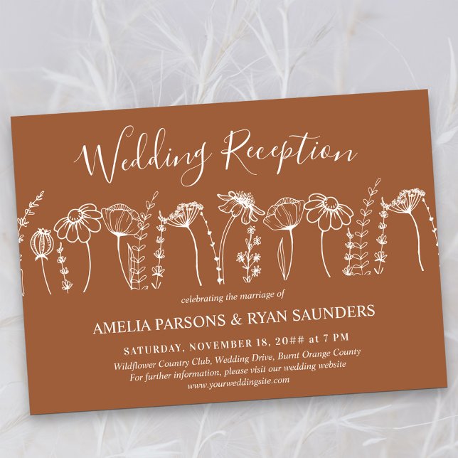 Wildflower Wedding Reception Burnt Orange Floral Invitation (Wedding Reception Invitation in Terracotta Burnt Orange, from my Wildflower Sketch collection)