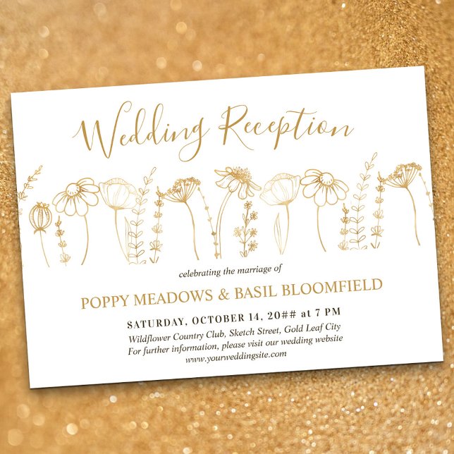 Wildflower Wedding Reception Gold Floral Sketch Invitation (Wedding Reception only invitation in White & Gold, from my Wildflower Sketch collection)