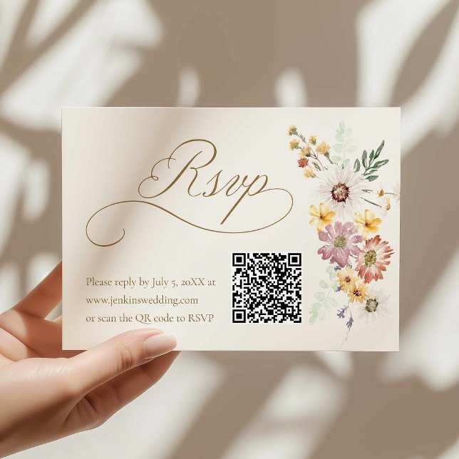 Wildflower Wedding RSVP Card with QR Code (Fall Wildflower Wedding Rsvp with QR Code Card)