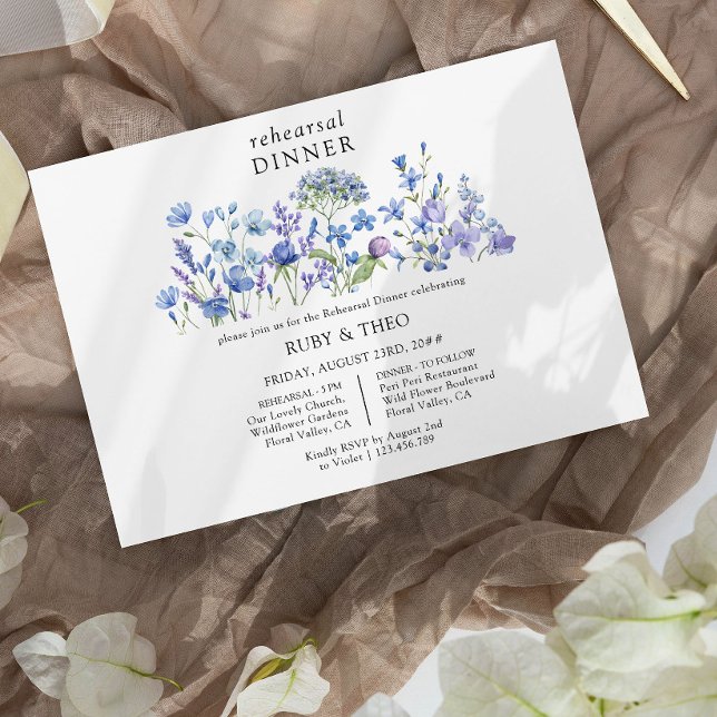 Wildflower Wedding Sweet Floral Rehearsal Dinner Invitation (Wedding Rehearsal Dinner Invitation from my Lilac + Periwinkle Wildflower Wedding Collection)