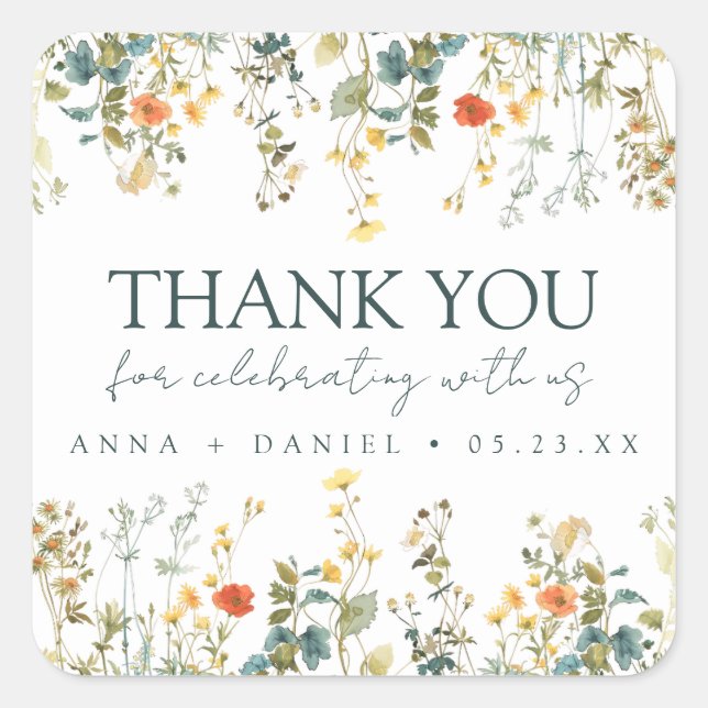 Wildflower Wedding Thank You Square Sticker (Front)
