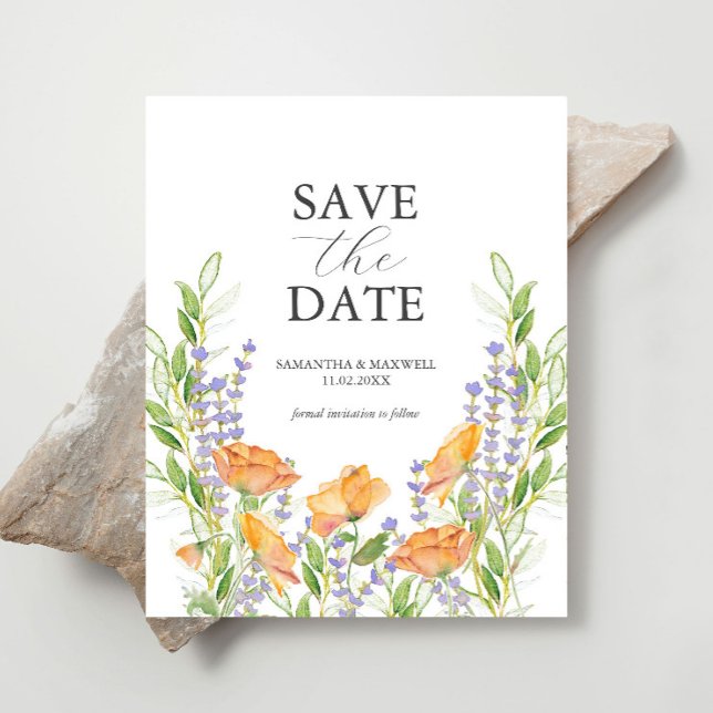 Wildflower Wedding Theme Save The Date Flyer (Budget wedding save the date watercolor orange and purple flowers by Victoria Grigaliunas)