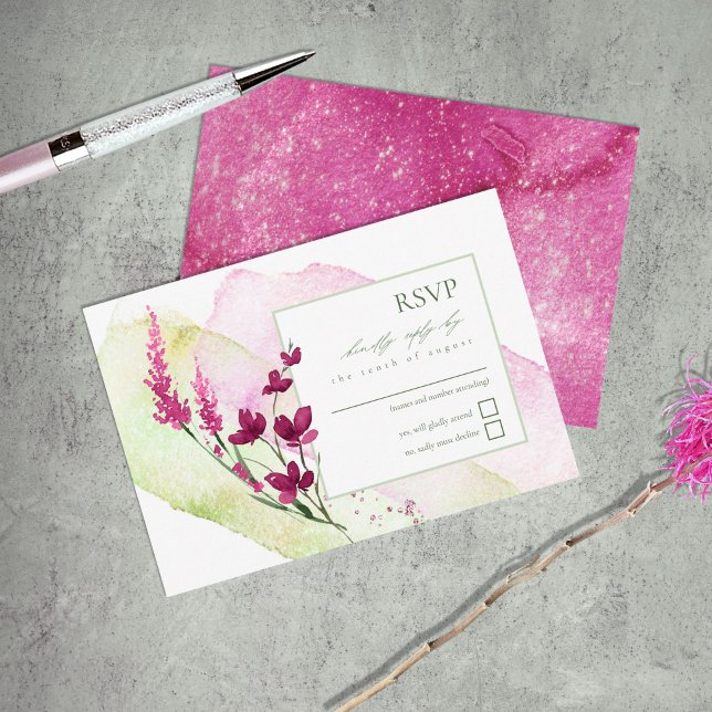 Wildflower Wedding Watercolor Fuchsia ID954 RSVP Card (Creator Uploaded)