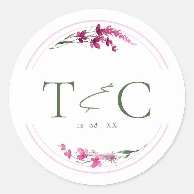 Wildflower Wedding Watercolor Initials Fuchs ID954 Classic Round Sticker (Front)