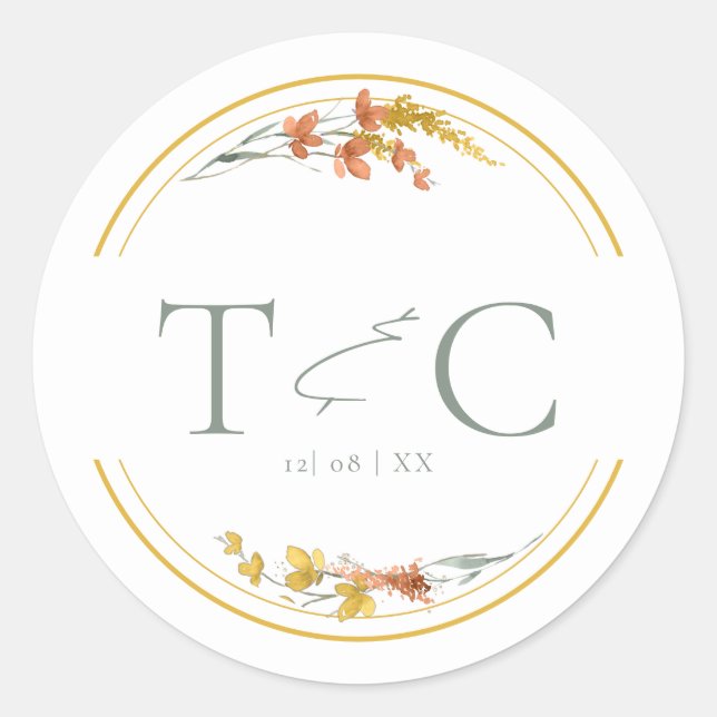 Wildflower Wedding Watercolor Initials Gold ID954  Classic Round Sticker (Front)