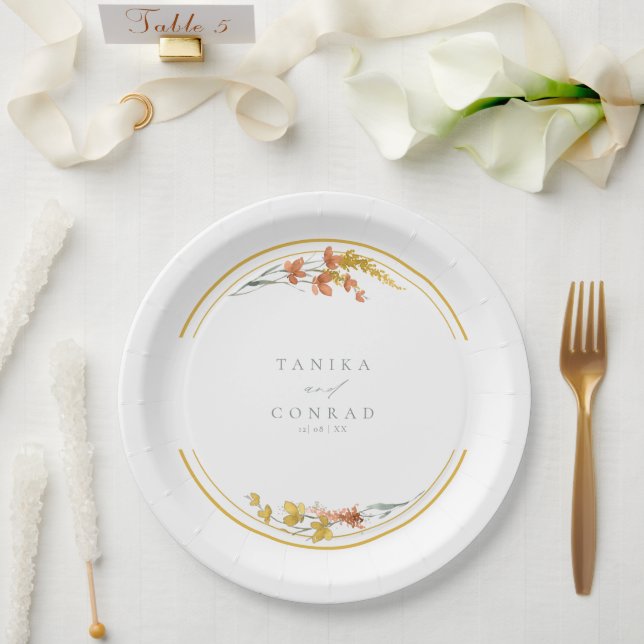 Wildflower Wedding Watercolor Initials Gold ID954  Paper Plate (Wedding)