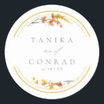 Wildflower Wedding Watercolor Names Gold ID954  Classic Round Sticker<br><div class="desc">This elegant wedding collection uses a striking colour palette, including gold flake, burnt orange and sage green, to create matching stationery and party supplies for your special day. Watercolor florals and sparkling paint strokes provide eye-catching backgrounds. Handwritten script paired with a classic serif font lend a modern touch. The wedding...</div>