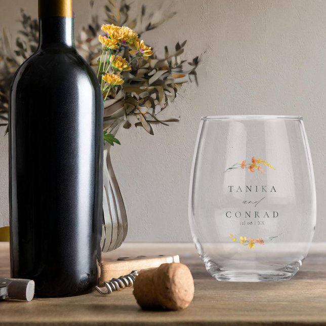 Wildflower Wedding Watercolor Names Gold ID954  Stemless Wine Glass (Creator Uploaded)