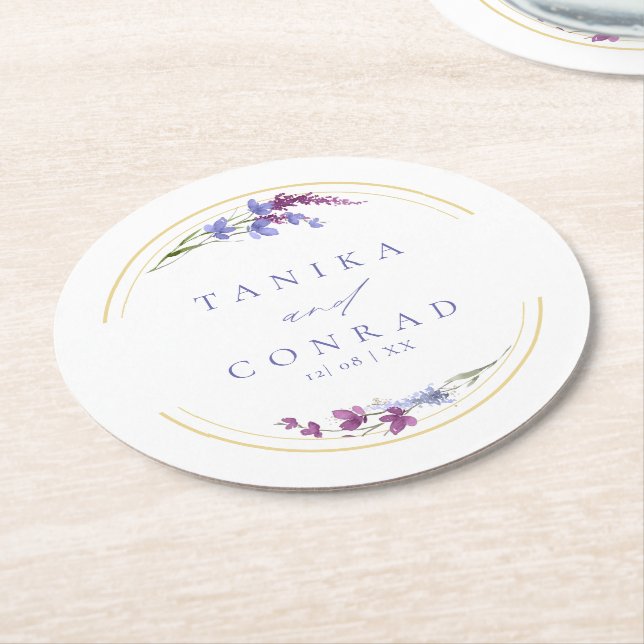 Wildflower Wedding Watercolor Names Peri ID954 Round Paper Coaster (Angled)