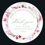 Wildflower Wedding Watercolor Thank You Fsia ID954 Classic Round Sticker<br><div class="desc">This elegant wedding collection uses a striking colour palette, including fuchsia fedora, lime green and cotton candy pink, to create matching stationery and party supplies for your special day. Watercolor florals and sparkling paint strokes provide eye-catching backgrounds. Handwritten script paired with a classic serif font lend a modern touch. The...</div>