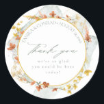Wildflower Wedding Watercolor Thank You Gold ID954 Classic Round Sticker<br><div class="desc">This elegant wedding collection uses a striking colour palette, including gold flake, burnt orange and sage green, to create matching stationery and party supplies for your special day. Watercolor florals and sparkling paint strokes provide eye-catching backgrounds. Handwritten script paired with a classic serif font lend a modern touch. The wedding...</div>