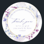 Wildflower Wedding Watercolor Thank You Peri ID954 Classic Round Sticker<br><div class="desc">This elegant wedding collection uses a striking colour palette including periwinkle, plum and soft blues to create matching stationery and party supplies for your special day. Watercolor florals and sparkling paint strokes provide eye-catching backgrounds. Handwritten script paired with a classic serif font lend a modern touch. The wedding 'thank you'...</div>