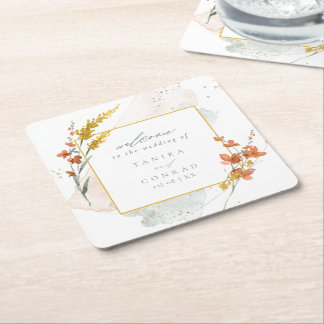 Wildflower Wedding Watercolor Welcome Gold ID954 Square Paper Coaster