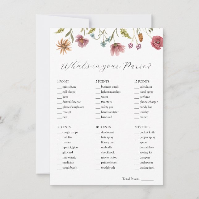 Wildflower What's in Your Purse Bridal Game Card (Front)