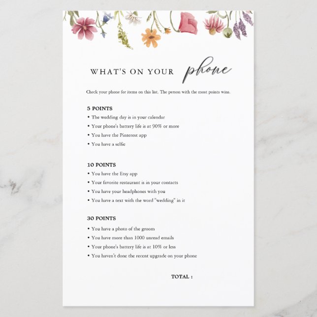Wildflower What's On Your Phone Bridal Shower Game (Front)