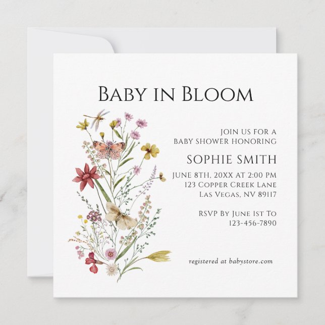 Wildflower Whimsical Garden Baby In Bloom  Invitation (Front)