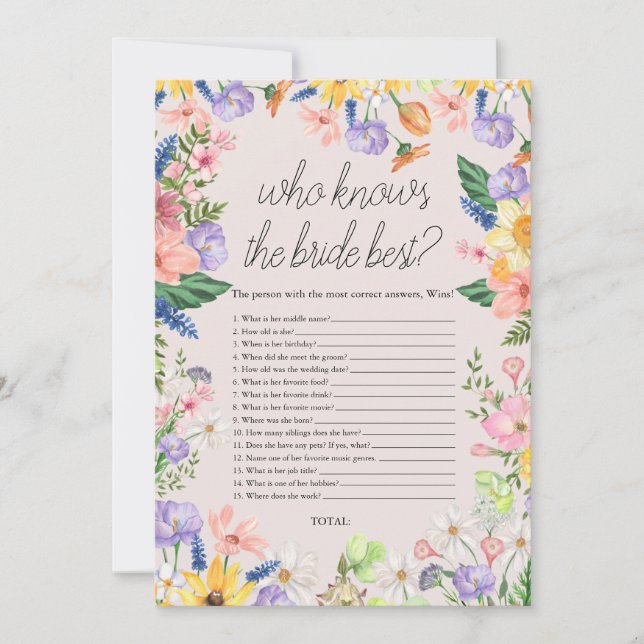 Wildflower Who knows the Bride the Most Game Card (Front)