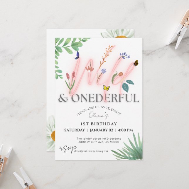 Wildflower, wild and Onederful, girl 1st birthday Invitation (Front/Back In Situ)