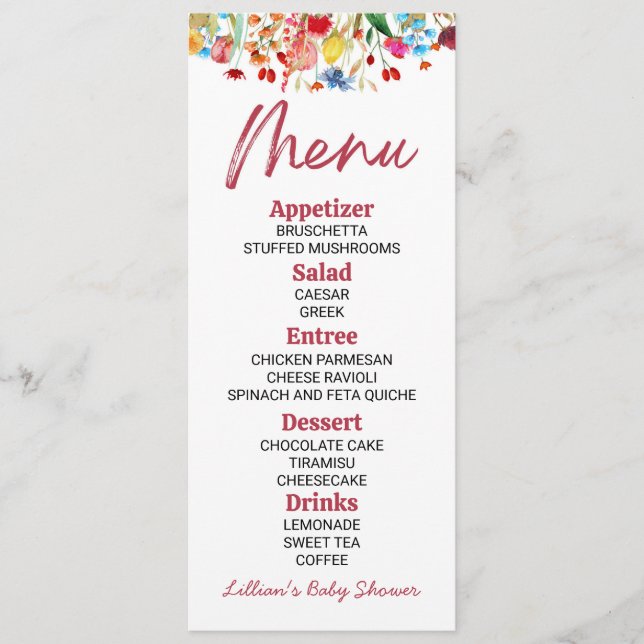 Wildflower Wild Flower Baby Shower Food Menu (Front)