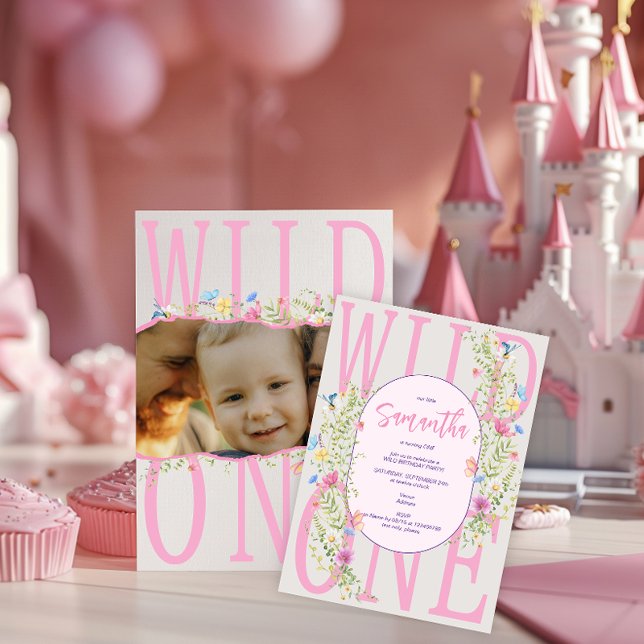 Wildflower Wild One Boho Girl Photo 1st Birthday Invitation (Wildflower Wild One Boho Girl Photo 1st Birthday Invitation Any Age Pink Girly Birthday Party Invite)