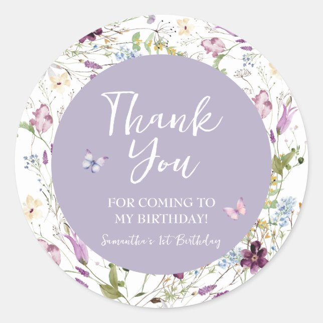 Wildflower Wild ONE Butterfly Garden Thank You Classic Round Sticker (Front)