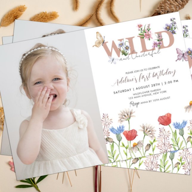 Wildflower Wild & Onederful 1st Birthday Photo  Invitation (Wild One Girl Wildflower Boho Invitation)