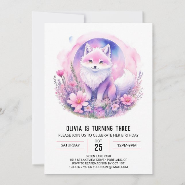 Wildflower Wolf Girl Birthday Invitation (Front)