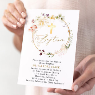 Wildflower Wreath Baptism Christening Gold Frame Invitation
