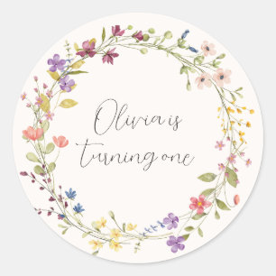 Wildflower Wreath First Birthday Party Classic Round Sticker