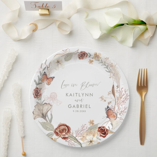 Wildflower Wreath Love in Bloom Watercolor Wedding Paper Plate (Wedding)