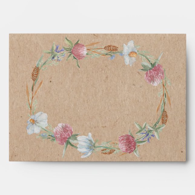 Wildflower Wreath On Kraft Country Wedding Envelopes (Front)