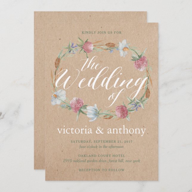 Wildflower Wreath On Kraft Country Wedding Invitation (Front/Back)