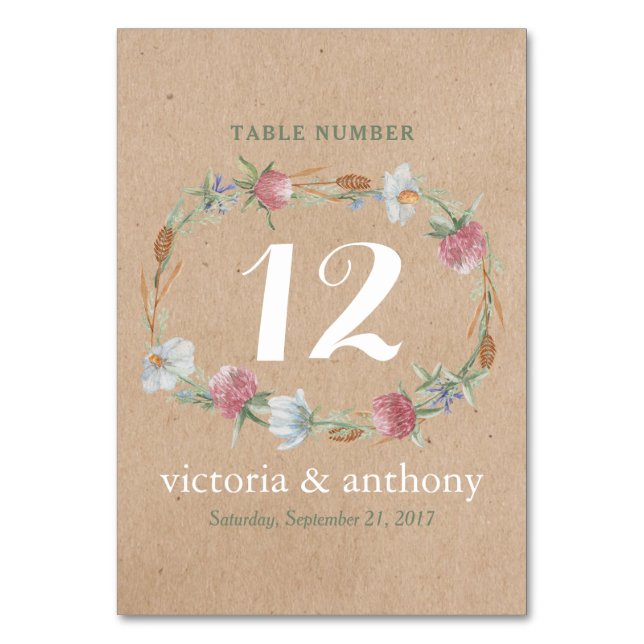 Wildflower Wreath On Kraft Country Wedding Number Table Number (Front)