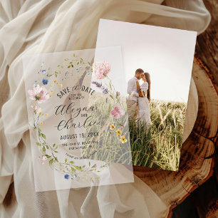 Wildflower Wreath Overlay Wedding Save the Date Vellum Invitations