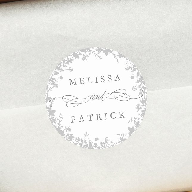 Wildflower Wreath Silhouette Wedding Grey & White Classic Round Sticker (Creator Uploaded)