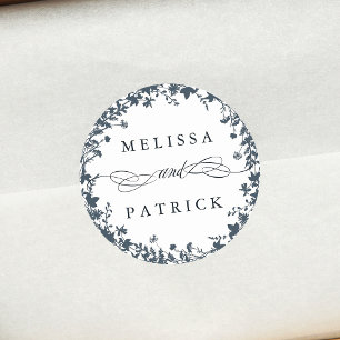 Wildflower Wreath Silhouette Wedding Navy & White  Classic Round Sticker
