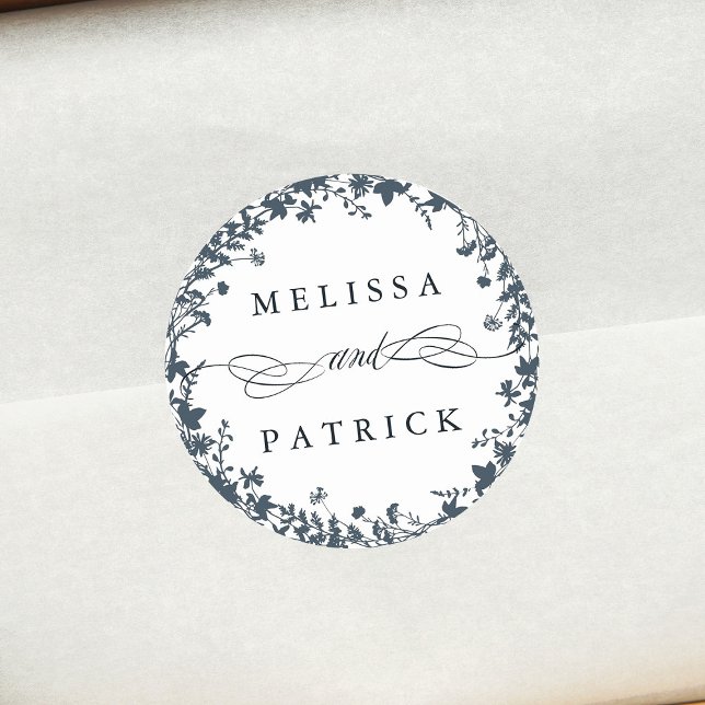 Wildflower Wreath Silhouette Wedding Navy & White  Classic Round Sticker (Creator Uploaded)