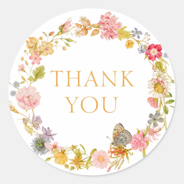 Wildflower Wreath Thank You Classic Round Sticker (Front)