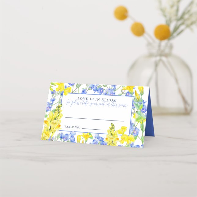 Wildflower yellow blue watercolor botanic wedding place card (Front)
