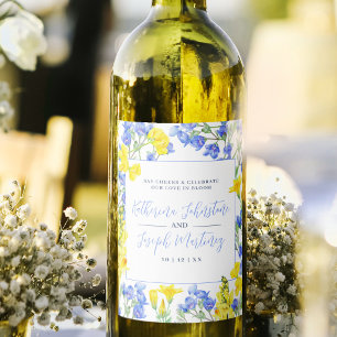 Wildflower yellow blue watercolor botanic wedding wine label