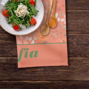 Wildflower yellow boho pattern custom name orange tea towel