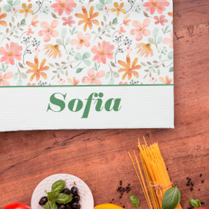 Wildflower yellow boho pattern custom name white tea towel