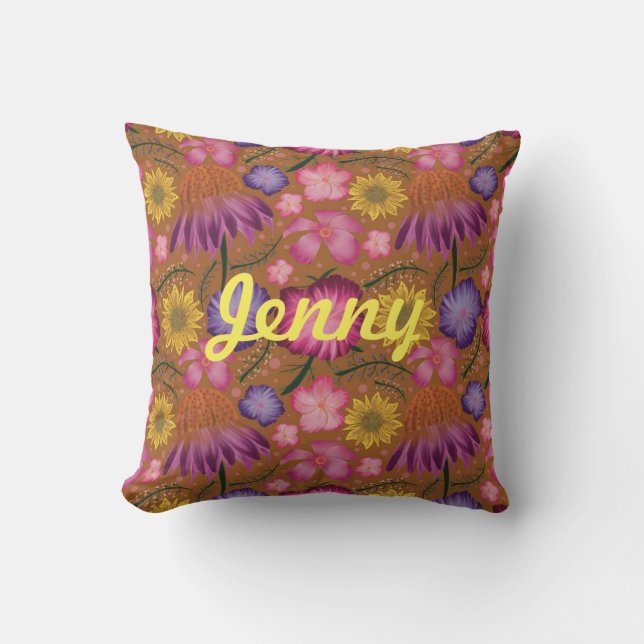 Wildflower Yellow Floral Personalised Throw Pillow (Front)